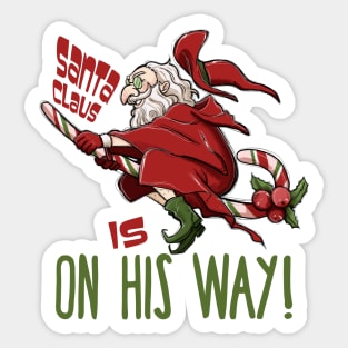 Santa Claus Witch Flying on Candy Cane Sticker